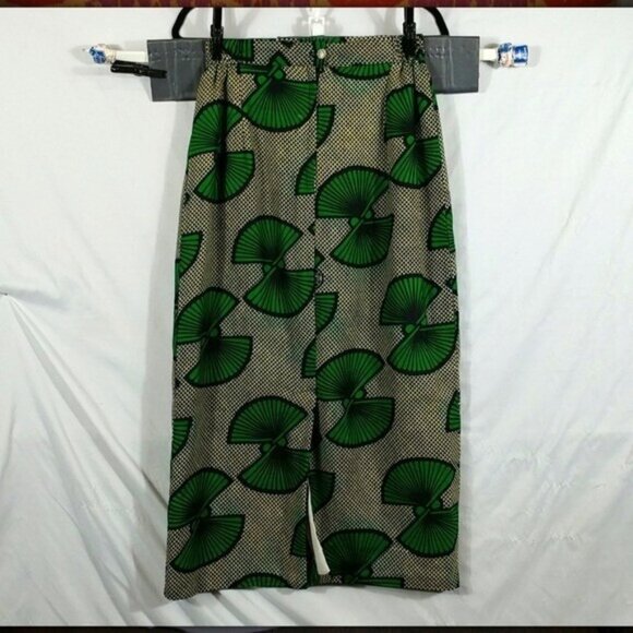 Excellent Women's Green Japanese Fans Print Jeweled Button Midi Skirt Size S - Picture 2 of 9